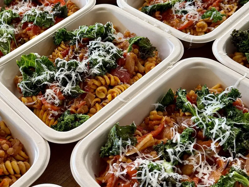 Fusilli with brown lentil cacciatore and roasted kale